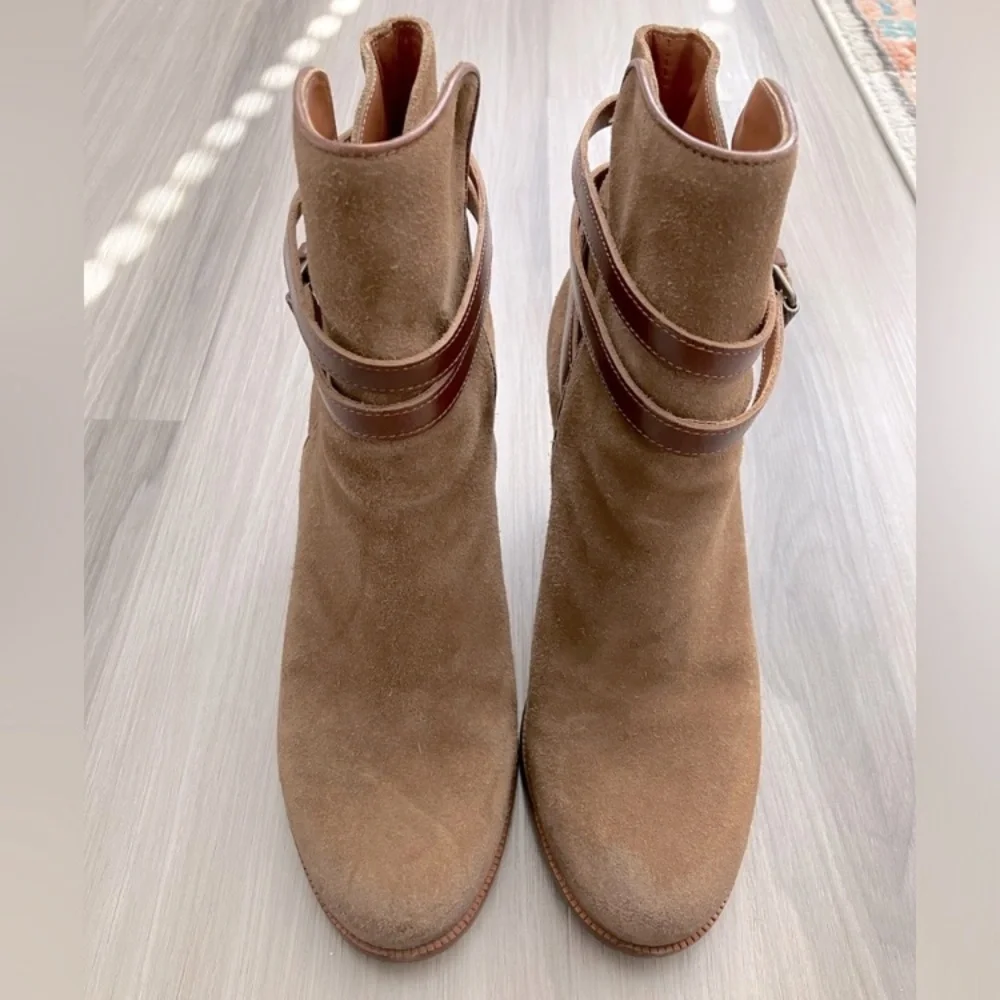 All Saints Victoria Brown Suede Ankle Boots 8.5 EU 39.5 Buckle Heel Distressed